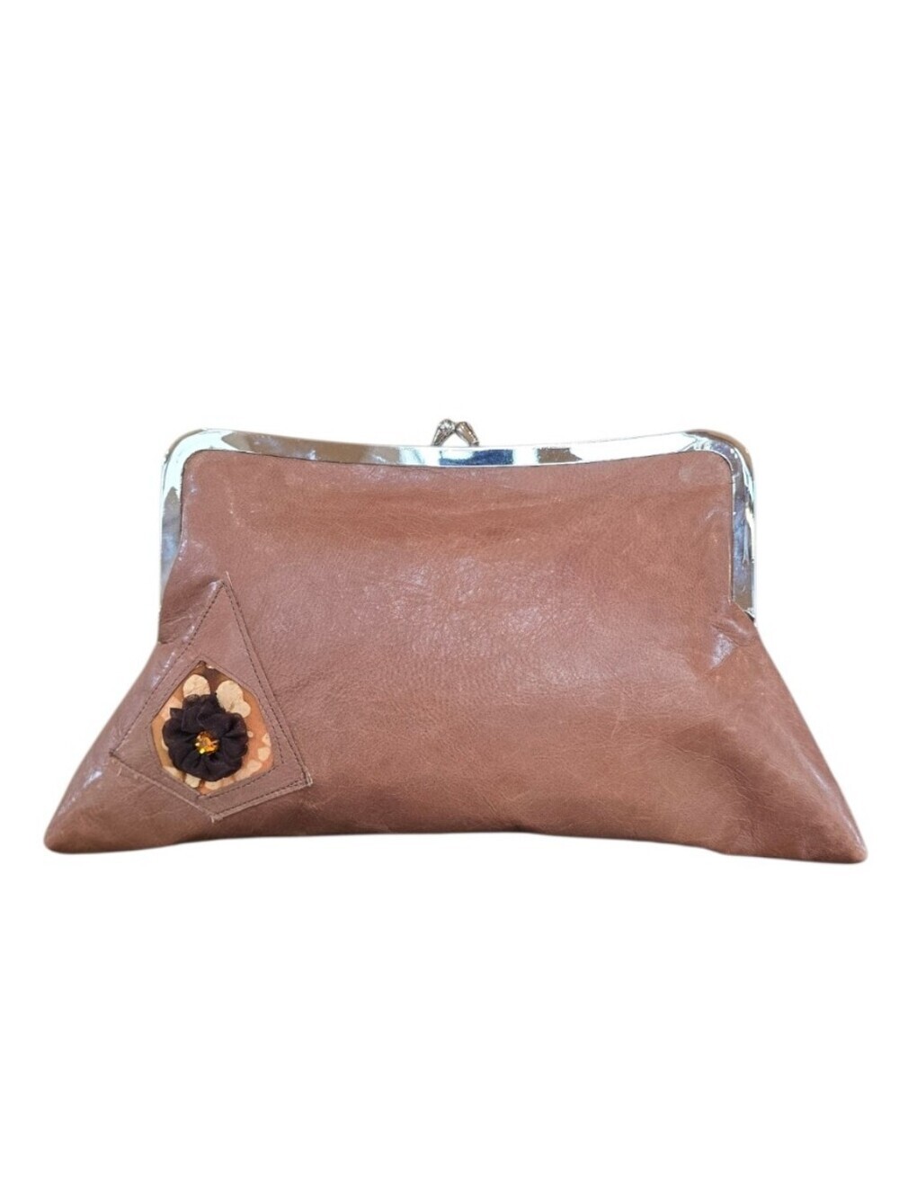 Brown Distressed Faux Leather Kisslock Clutch